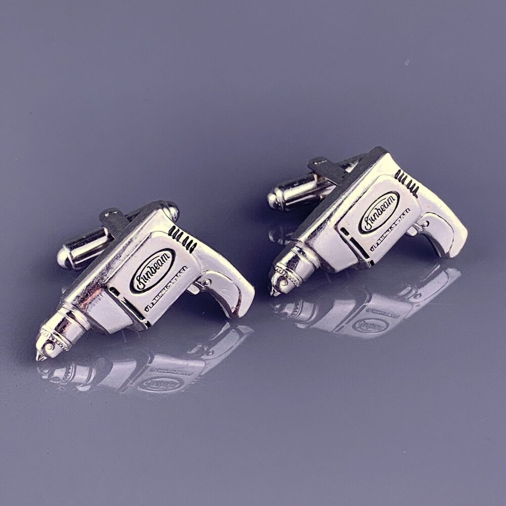 Sunbeam Drillmaster Power Drill Cufflinks Advertising Silver Tone Speidel VTG